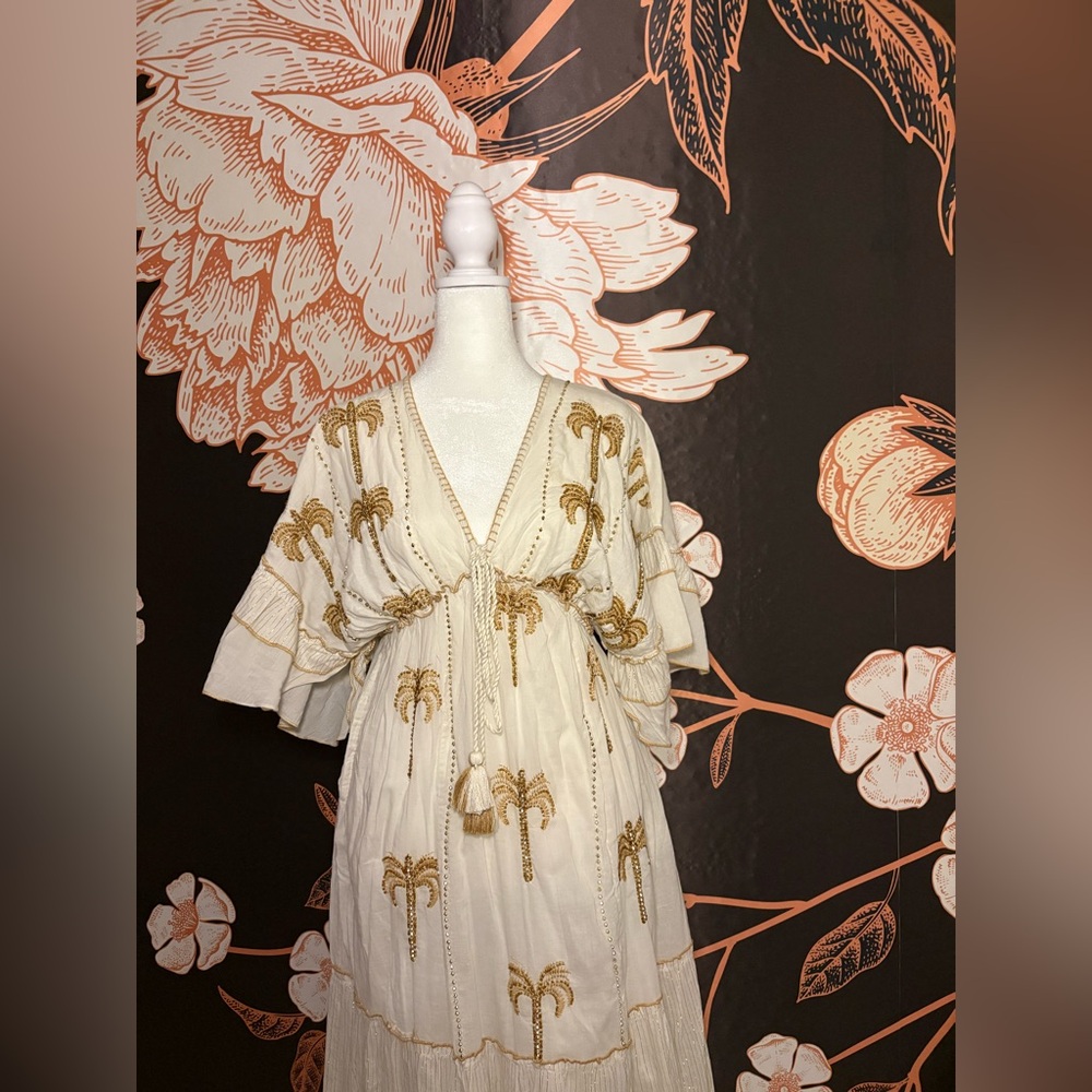 Embroidered Ivory Maxi Dress with Gold Palm Motifs